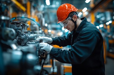Male technician in protective gear meticulously works on complex machinery within a modern industrial factory setting.