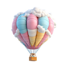 Fluffy 3D Cartoon Hot Air Balloon Floating in the Air Isolated on Transparent Background