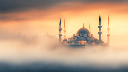 Fototapeta premium Majestic mosque at sunrise surrounded by misty fog with elegant minarets and dramatic sky.