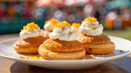 Gourmet langos topped with sour cream and cheese, vibrant summer fair