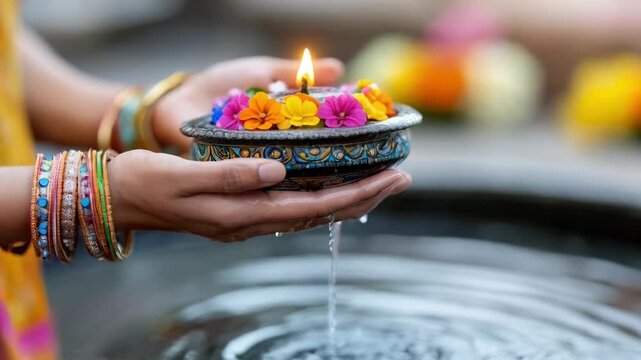 Hands with diya with flowers over water. Ritual offering. Concept of Indian culture. Ritual of water offering to Shivling.	