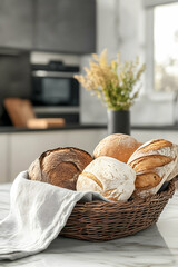 Freshly baked bread in a rustic basket on a kitchen countertop with a neutral decor