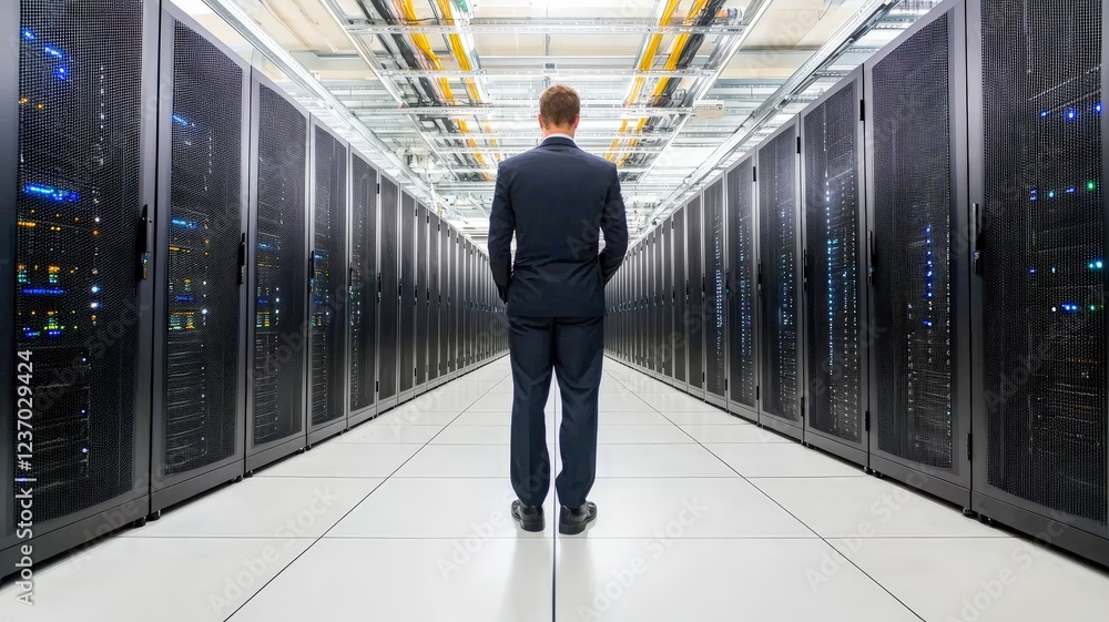 Poster a man in a suit stands in the center of a data center, surrounded by rows of server racks and illumi