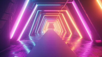 Fototapeta premium Futuristic Neon Triangle Corridor 3d render illustration. 3D Illustration