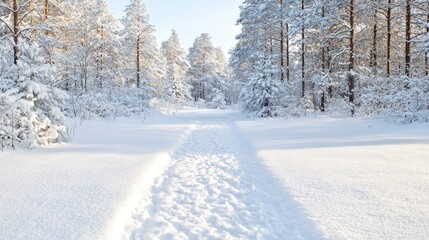 Fototapeta premium Snowy forest path, winter wonderland, sunlight