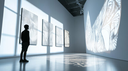 Fototapeta premium Abstract light installation art in a modern exhibition space 3d render illustration. 3D Illustration