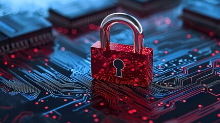 Red padlock icon on circuit board signifies digital security