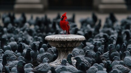 Flock of gray pigeons in city square with striking red cardinal on fountain