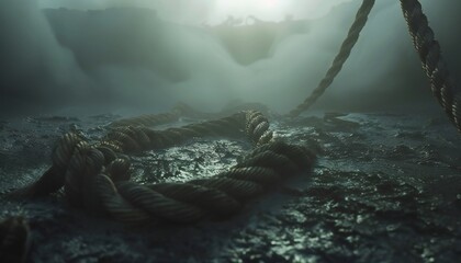 Naklejka premium A frayed rope in the fog, reaching toward the unknown