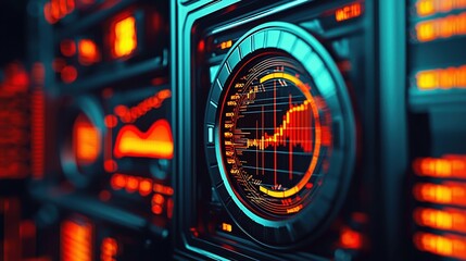 Close up of futuristic electronic display with data curves and orange lights