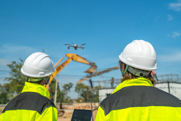 Two engineers in high visibility jackets and helmets observing a drone flying over a construction...