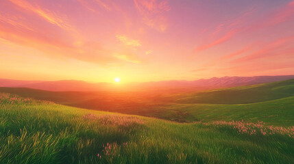 calm grass landscape with sun set sky and horizon 3d render illustration. 3D Illustration