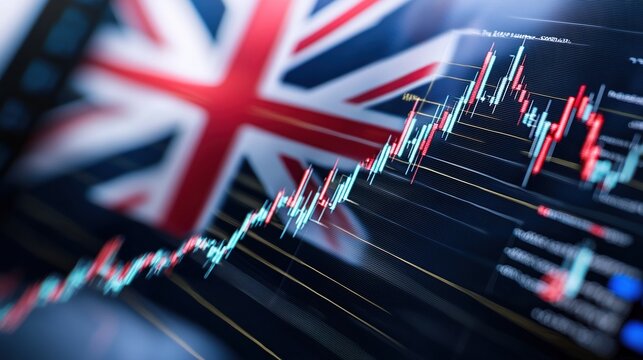 Finance trends with UK flag background highlighting market growth - Powered by Adobe