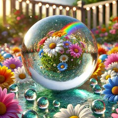 Glass ball filled with daisies and rainbow in yard