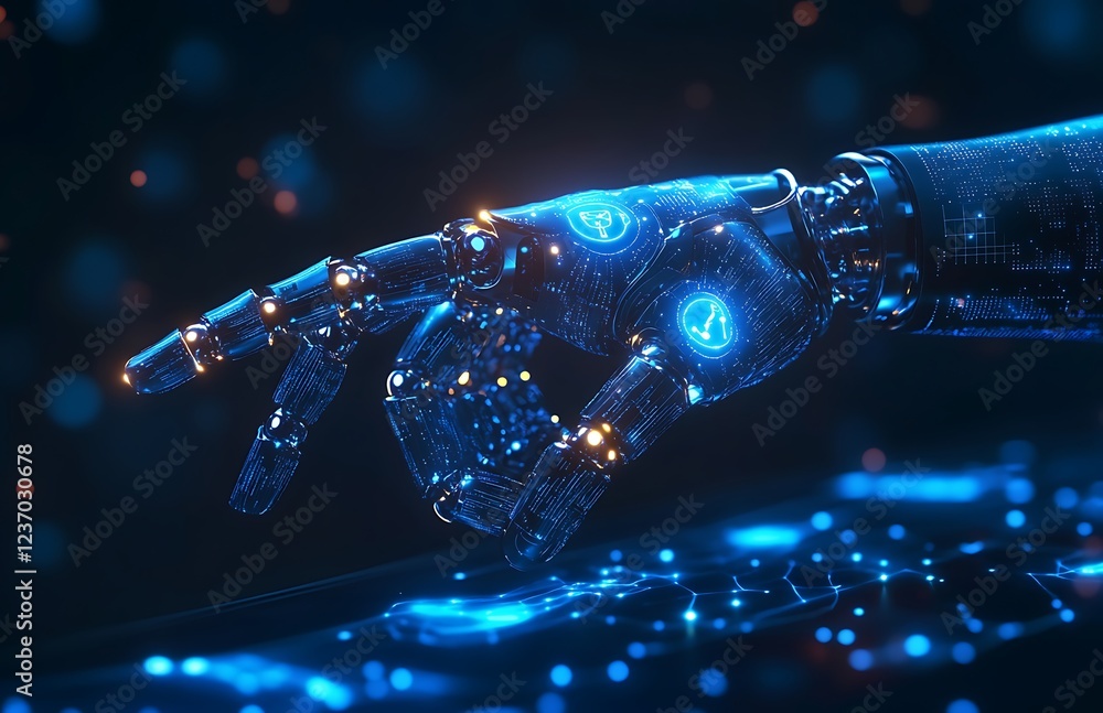 Poster futuristic robotic hand interacting with digital interface.