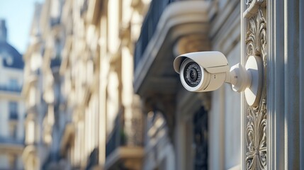 Fototapeta premium A 3D white safety camera mounted on a building's exterior, blending seamlessly with the architecture 