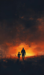 Obraz premium A silhouette of a father holding his child's hand walking at sunset, happy fathers day celebration. Banner. Copy space for text.