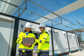 Two engineers in high visibility jackets and helmets working on a laptop at a modular construction...