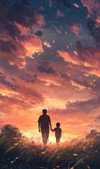 Obraz premium A silhouette of a father holding his child's hand walking at sunset, happy fathers day celebration. Banner. Copy space for text.