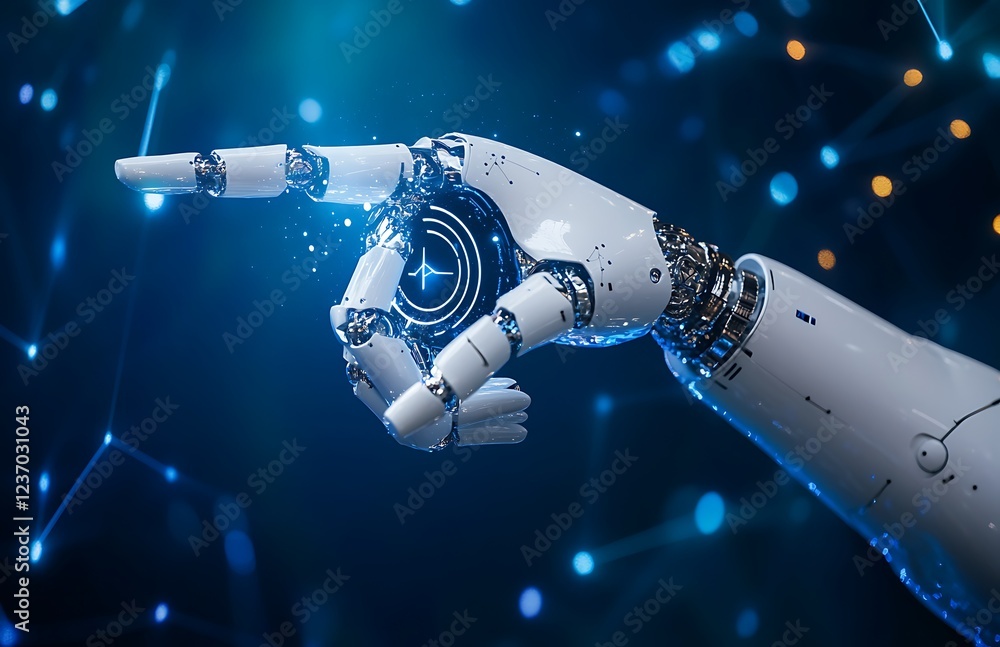 Aufkleber futuristic robotic hand interacting with a glowing circular interface against a dark blue background