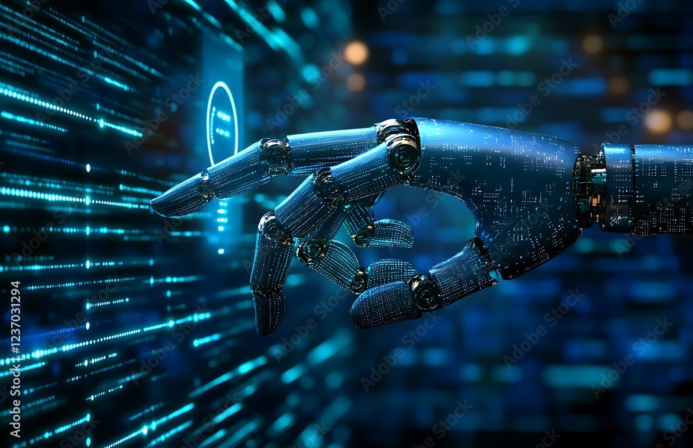 Poster robotic hand interacting with digital interface, futuristic technology concept.
