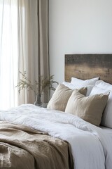 Cozy bedroom featuring organic linen duvet and reclaimed wood headboard with soft curtains