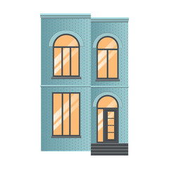 Blue house building with brick walls and yellow windows in 2 floors, flat style, vector