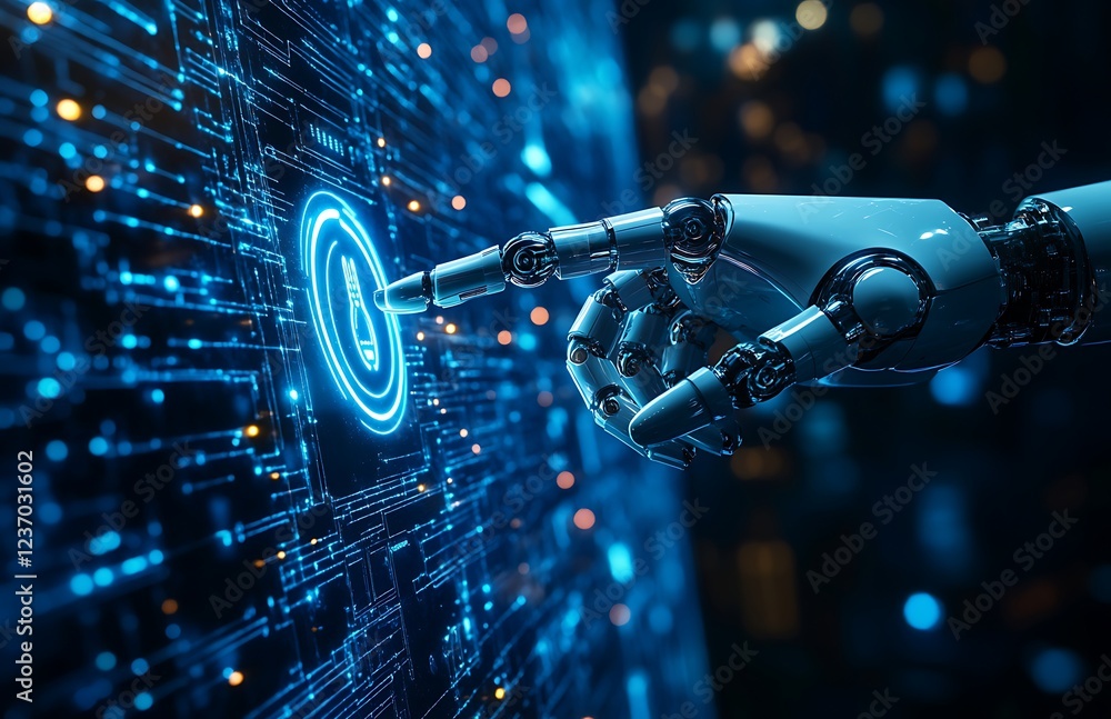 Poster robotic hand interacts with a futuristic digital interface.
