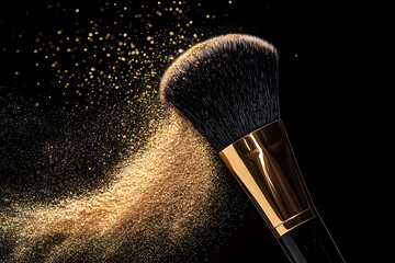 Brush creates a sparkling golden dust cloud against a dark background during a makeup application session in a studio