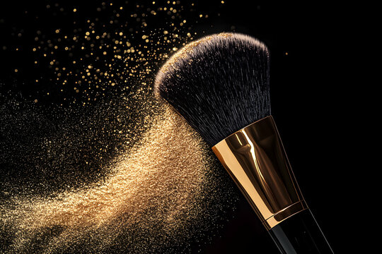 Brush creates a sparkling golden dust cloud against a dark background during a makeup application session in a studio