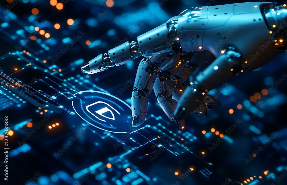 Poster robotic hand interacts with a futuristic digital interface, activating a security feature.