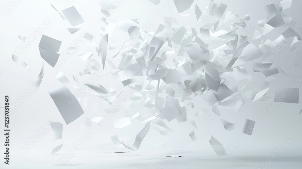 Poster exploding pile of white din a4 paper sheets flying isolated on grey to replace your design 3d render