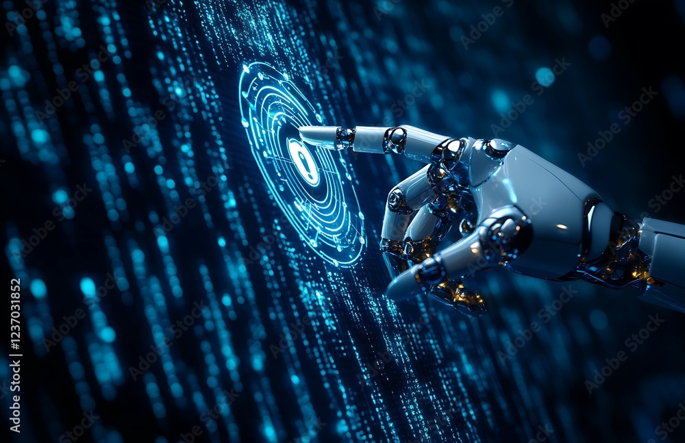 Poster robotic hand interacting with a digital interface.