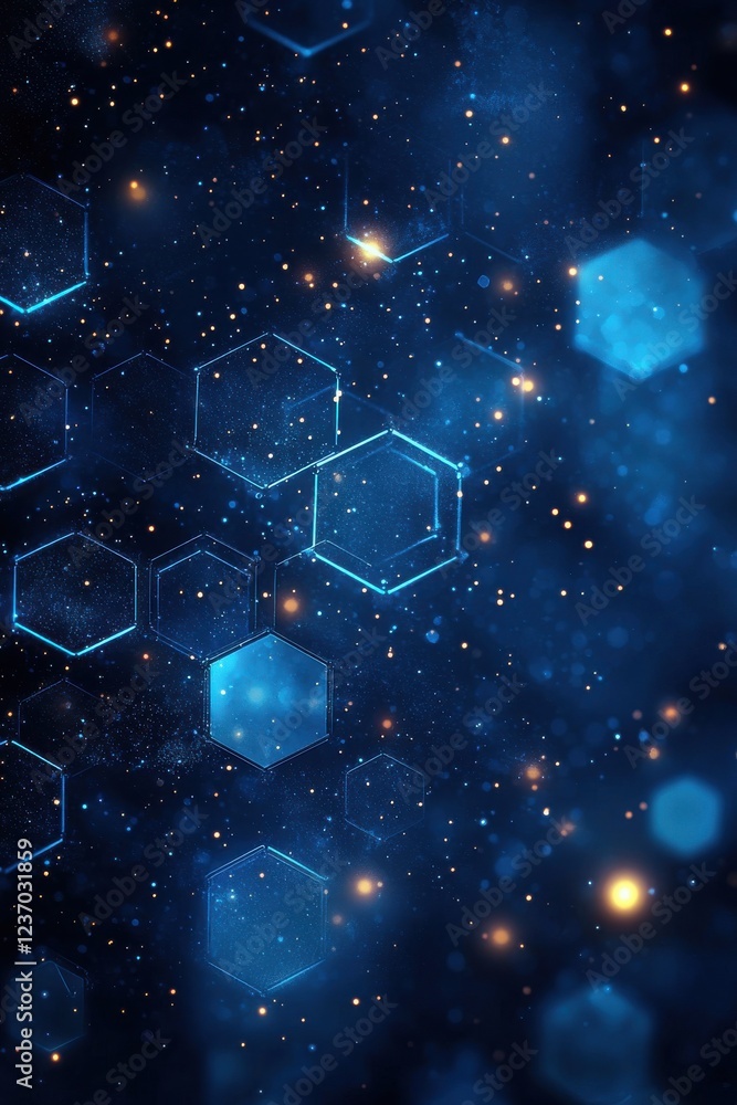 Poster abstract blue background with glowing hexagon pattern and glittering particles