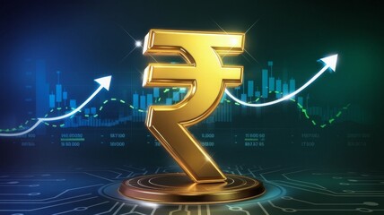 Indian Rupee Symbol with Floating Digital Growth Charts, Bar Graphs, and Circuit Patterns, Symbolizing India's Economic Growth, Fintech Advancements, Digital Transformation, and Financial Innovation.
