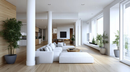 Empty white apartment with parquet wood floor with pillars 3d render illustration