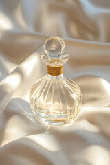 Elegant glass perfume bottle resting on soft satin fabric with warm light highlighting its curves and reflections