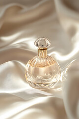 Elegant glass perfume bottle placed on soft satin fabric in a serene setting