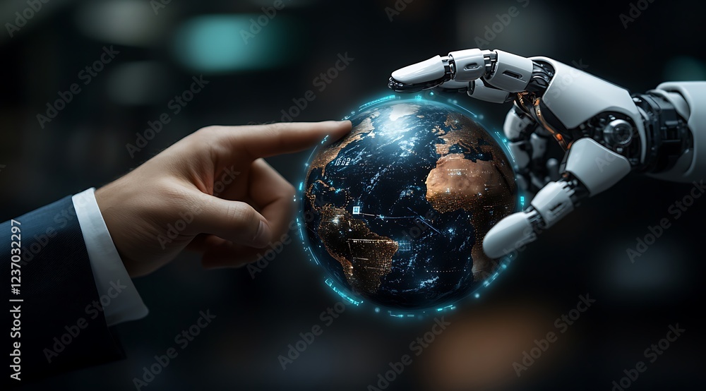 Poster human and robotic hands interact with a digital globe, symbolizing technological collaboration and g
