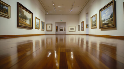 empty wooden frames with white canvas in art gallery exhibition with wood floor 3d render illustration