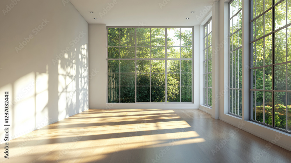 Poster abstract empty loft style concrete room with big windows and sunlight 3d architecture rendering illu