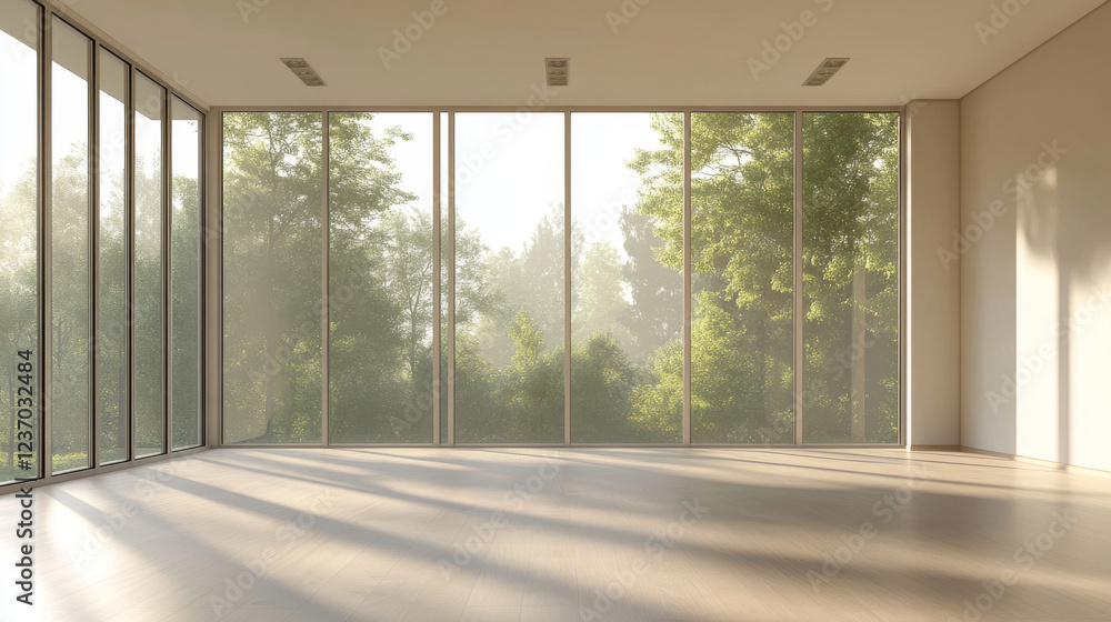 Poster abstract empty loft style concrete room with big windows and sunlight 3d architecture rendering illu