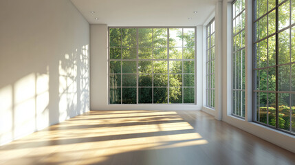 Fototapeta premium Abstract empty loft style concrete room with big windows and sunlight 3d architecture rendering illustration