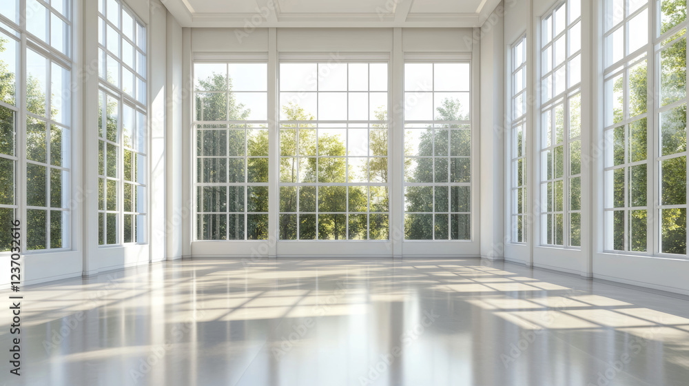 Poster abstract empty loft style concrete room with big windows and sunlight 3d architecture rendering illu