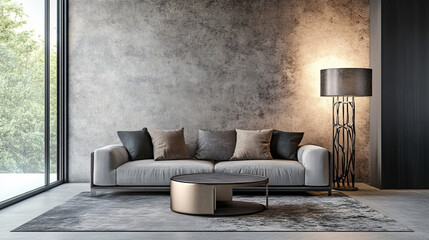 contemporary modern design living room with white couch, curvy metal table and lamp 3d render illustration