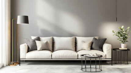 contemporary modern design living room with white couch, curvy metal table and lamp 3d render illustration