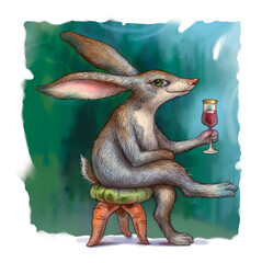 A rabbit cat with a glass of red wine sits on a chair