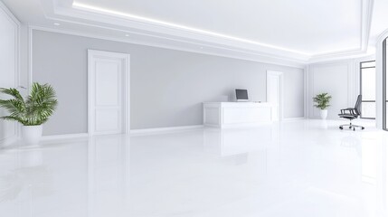 Fototapeta premium Modern office reception area, bright, minimalist design, city view