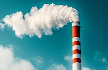 Red and white striped smokestack emitting white smoke against a teal sky.