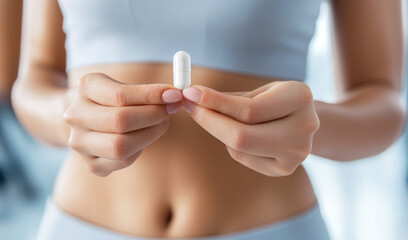 Obraz premium Close-up of a young athletic woman holding a white capsule with a dietary supplement that helps maintain health, youth and fitness.